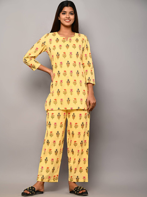 

Swasti Women Yellow & Pink Printed Cotton Night suit