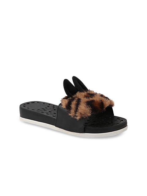 

Try Me Women Black Textured Leather Ethnic Open Toe Flats with Bows