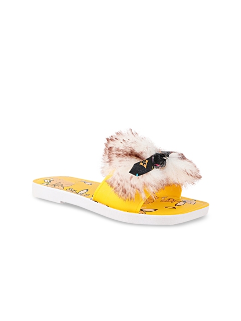 

Try Me Women Yellow Colourblocked Leather Ethnic Open Toe Flats with Bows