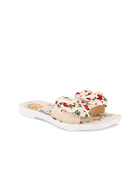 

Try Me Women Cream-Coloured Printed Leather Ethnic Open Toe Flats