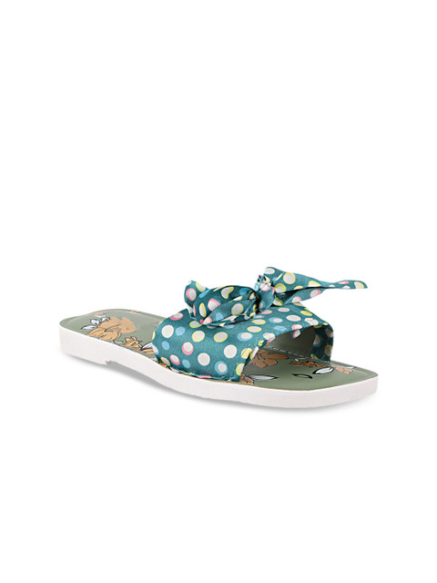 

Try Me Women Green Printed Open Toe Flats with Bows