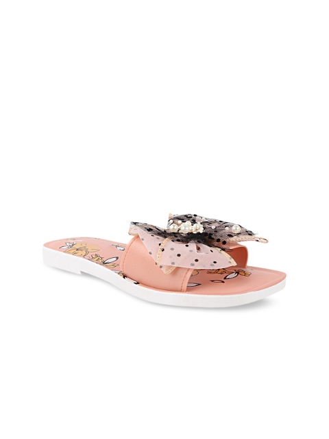 

Try Me Women Pink Printed Leather Ethnic Open Toe Flats with Bows