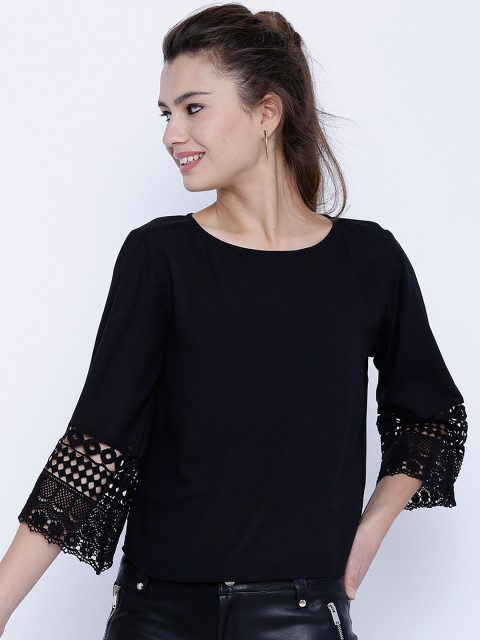 

Tokyo Talkies Black Top with Crochet Detail
