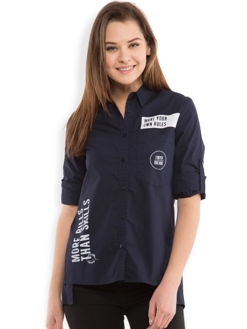 

Tokyo Talkies Women Navy Slim Fit Printed Casual Shirt, Navy blue