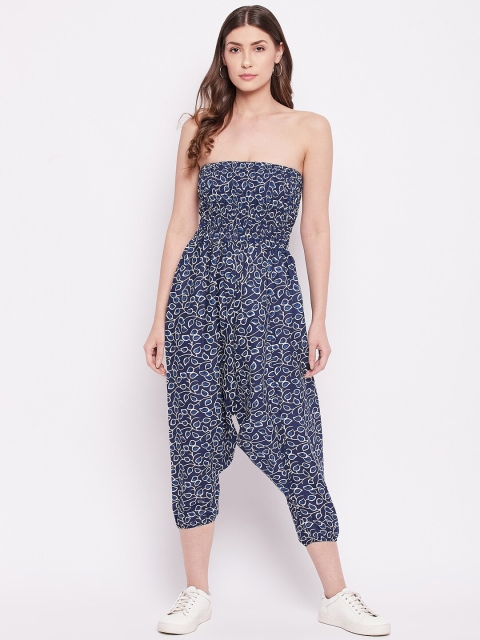 

TULIP 21 Navy Blue Strapless Printed Capri Jumpsuit