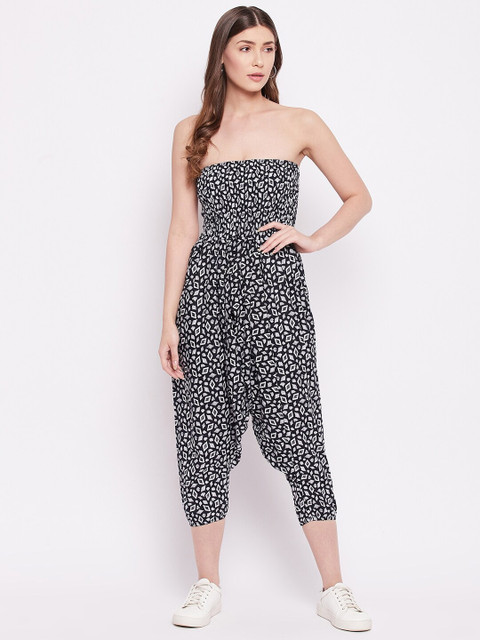 

TULIP 21 Women Black & White Printed Strapless Printed Cotton Capri Jumpsuit