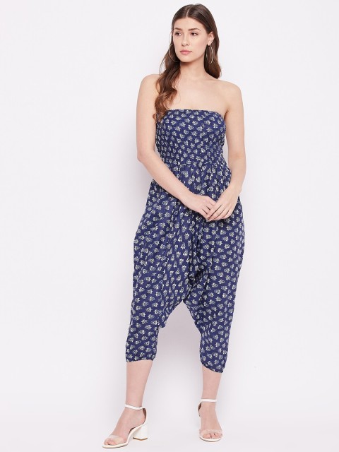 

TULIP 21 Blue & White Strapless Printed Cotton Capri Jumpsuit