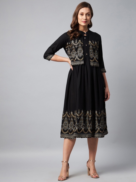 

Orchid Blues Black Ethnic Motifs Tie-Up Neck Midi Dress