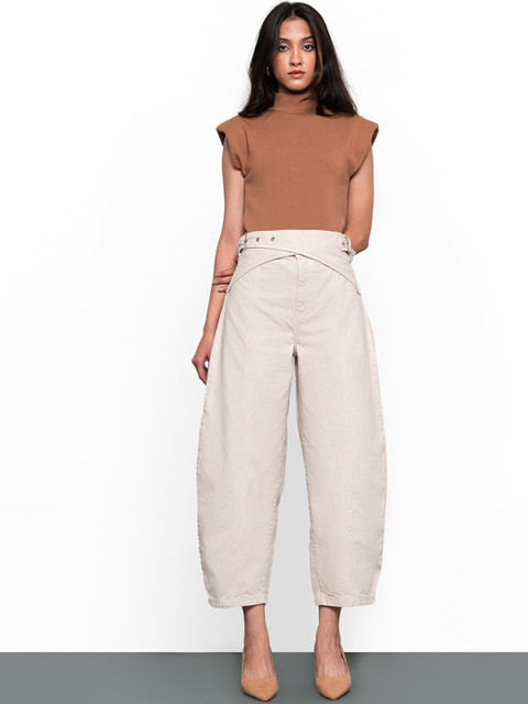

FREAKINS Women Cream-Coloured Tapered Fit Cotton Jeans