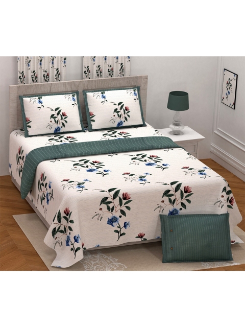 

Aura White & Green Floral Jaipuri Printed 200 TC King Bedsheet with 2 Pillow Covers
