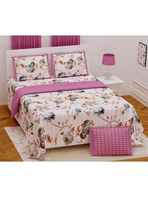 

Aura White & Pink Floral 200 TC King Bedsheet with 2 Pillow Covers