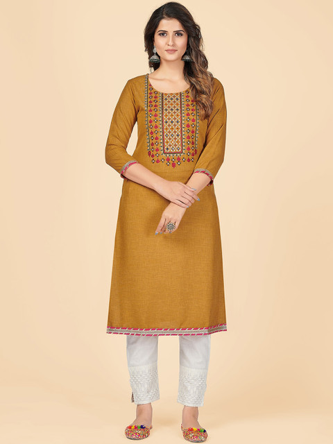 

KALINI Women Mustard Yellow Embroidered Mirror Work Kurta