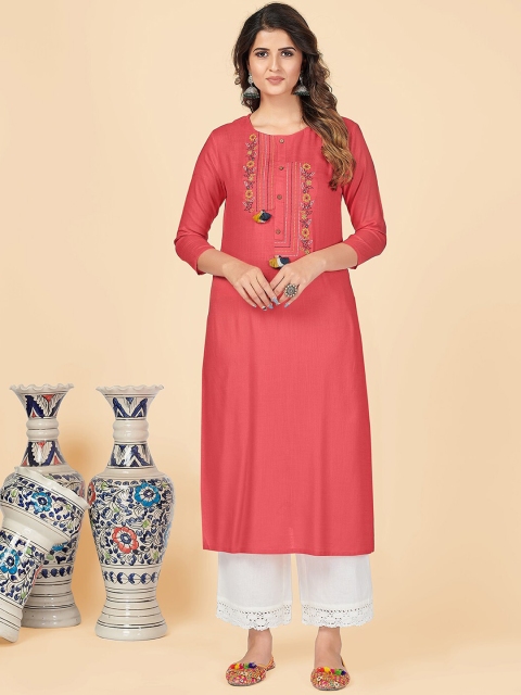 

KALINI Women Peach-Coloured Geometric Yoke Design Thread Work Kurta