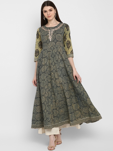 

KALINI Women Black Paisley Printed Keyhole Neck Flared Sleeves Gotta Patti Anarkali Kurta