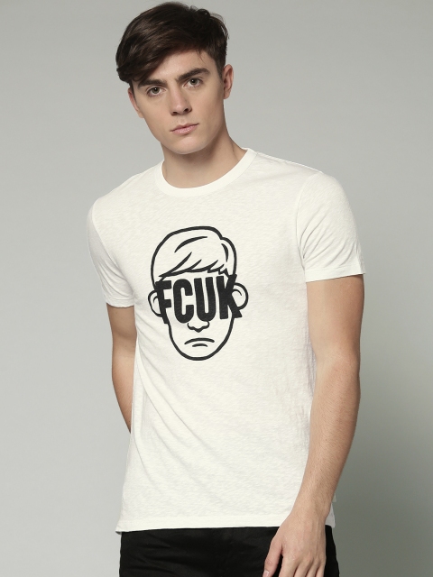 

French Connection Men Off-White Printed Slim Round Neck T-shirt