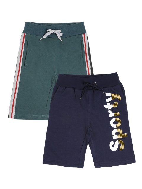 

RAINE AND JAINE Boys Set Of 2 Green & Navy Blue Typography Printed Cotton Shorts