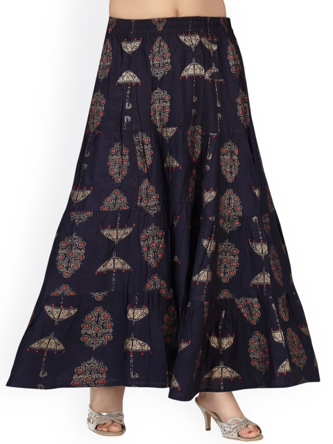 

Aarika Girls Navy Blue & Gold-Coloured Printed Pure Cotton Flared Maxi Skirt