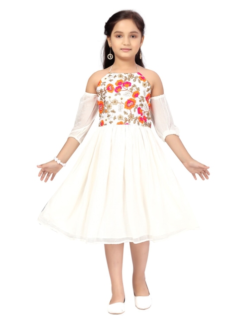 

Aarika Girls White Floral Embroidered Net A-Line Midi Dress