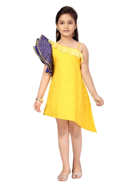 

Aarika Girls Yellow One Shoulder Silk A-Line Midi Dress
