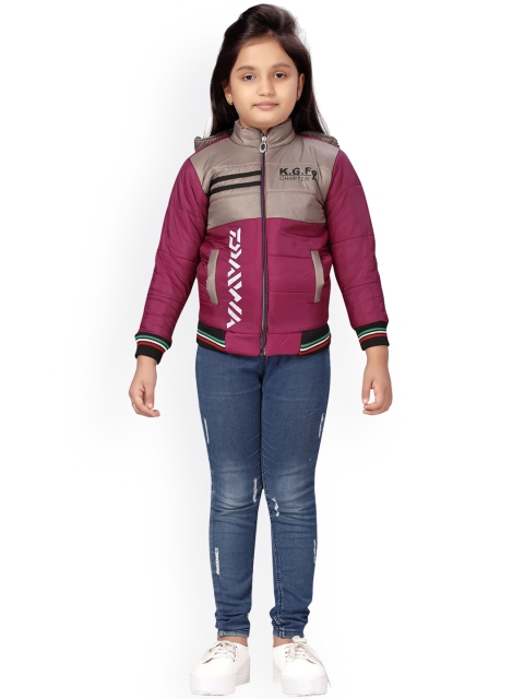 

Aarika Girls Magenta & Brown Colourblocked Hooded Lightweight Padded Jacket