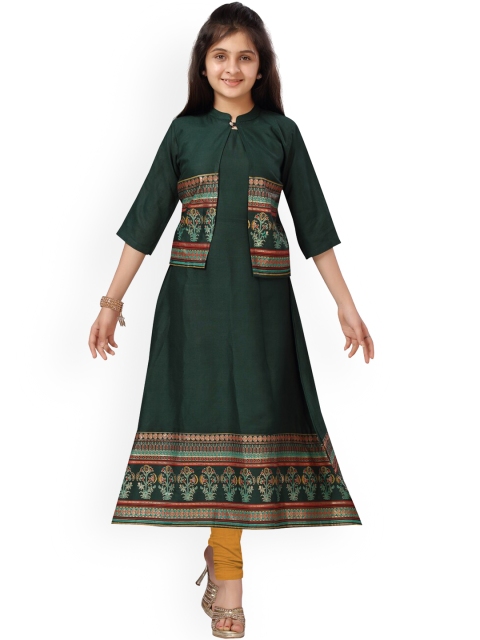 

Aarika Girls Green Yoke Design Layered Pure Cotton Kurti with Churidar & With Dupatta