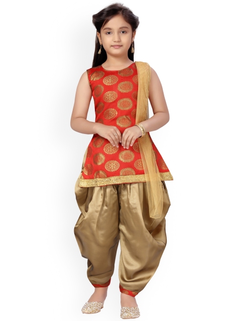 

Aarika Girls Red Printed Pleated Pure Silk Kurti with Patiala