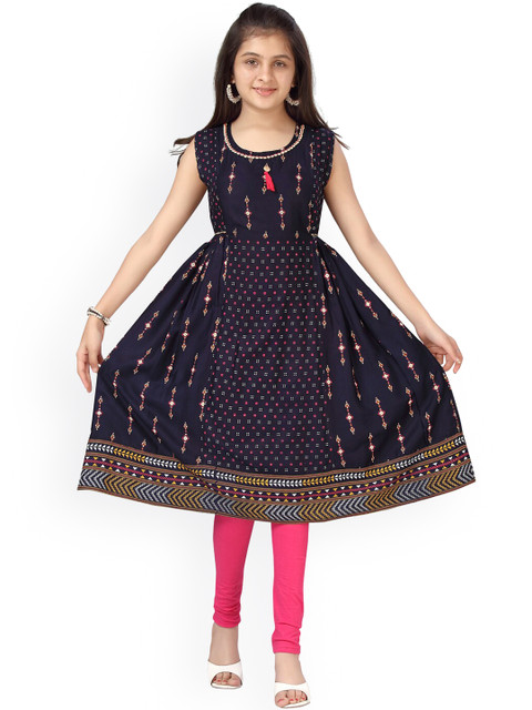 

Aarika Girls Navy Blue & Gold-Toned Floral Printed Thread Work Anarkali Kurta