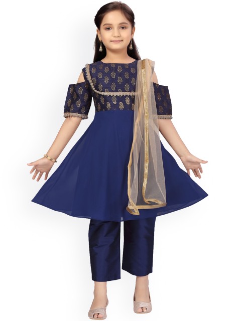 

Aarika Girls Navy Blue Ethnic Motifs Printed Layered Pure Silk Kurta Trouser With Dupatta