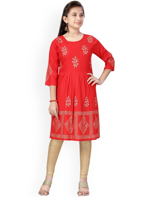 

Aarika Girls Red Ethnic Motifs Embroidered Pure Cotton Kurta with Churidar
