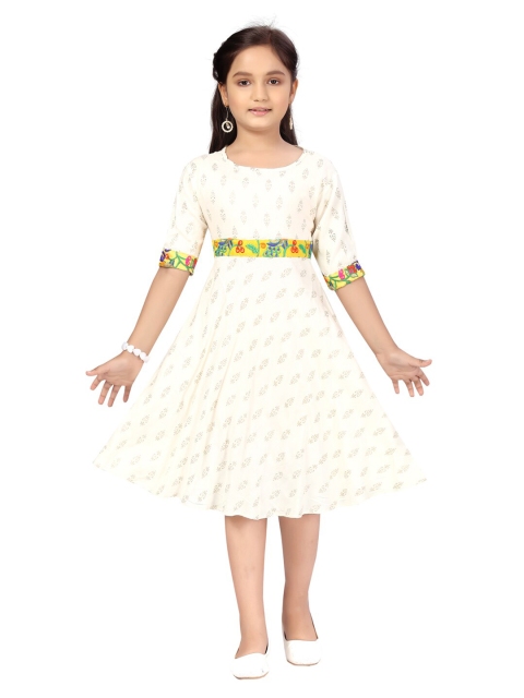 

Aarika Girls Cream-Coloured & Gold-Toned Ethnic Motifs Printed Dress