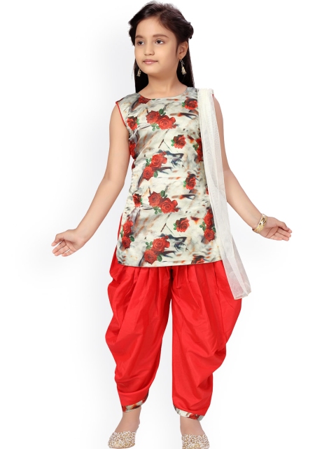 

Aarika Girls Red Floral Printed Pure Silk Kurti with Patiala & With Dupatta