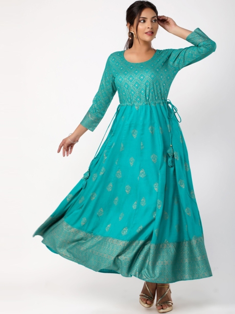 

Chokhi Bandhani Women Turquoise Blue Embellished Mirror Work Indie Prints Anarkali Kurta