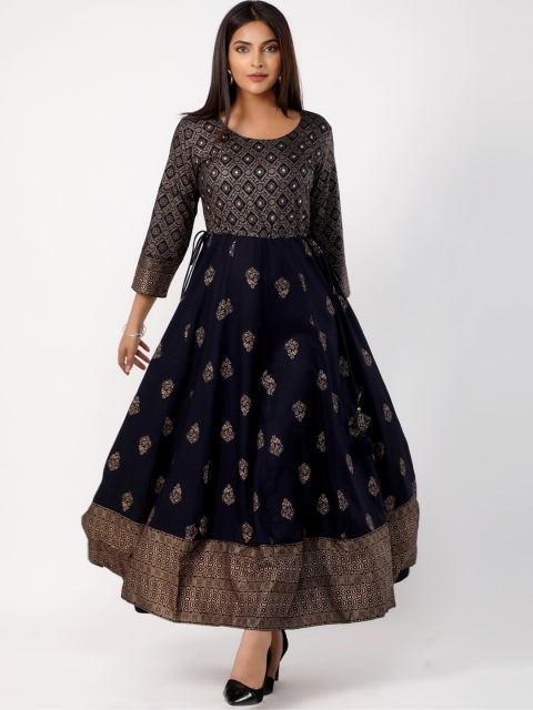 

Chokhi Bandhani Women Navy Blue Ethnic Motifs Printed Mirror Work Indie Prints Anarkali Kurta