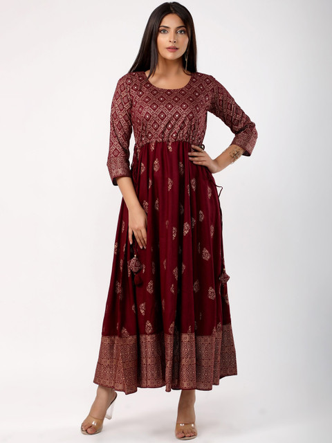 

Chokhi Bandhani Women Maroon & Golden Ethnic Motifs Foil Printed A-line Kurta
