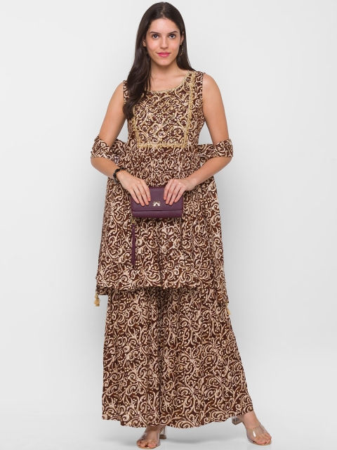 

ZOLA Women Brown Kalamkari Printed Kurti with Sharara