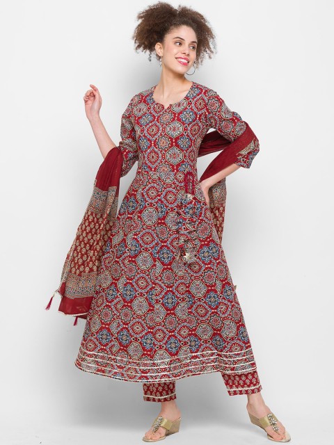

ZOLA Women Maroon Ethnic Motifs Printed Panelled Pure Cotton Kurta Palazzo With Dupatta