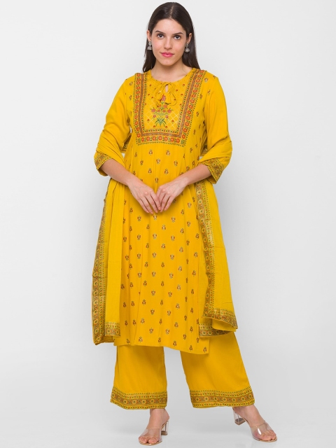 

ZOLA Women Mustard Yellow Ethnic Motifs Printed Kurti with Palazzos & With Dupatta