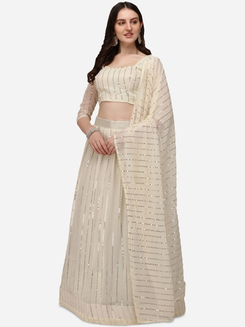 

Pratham Blue Cream Coloured Embellished Semi-Stitched Lehenga & Unstitched Blouse