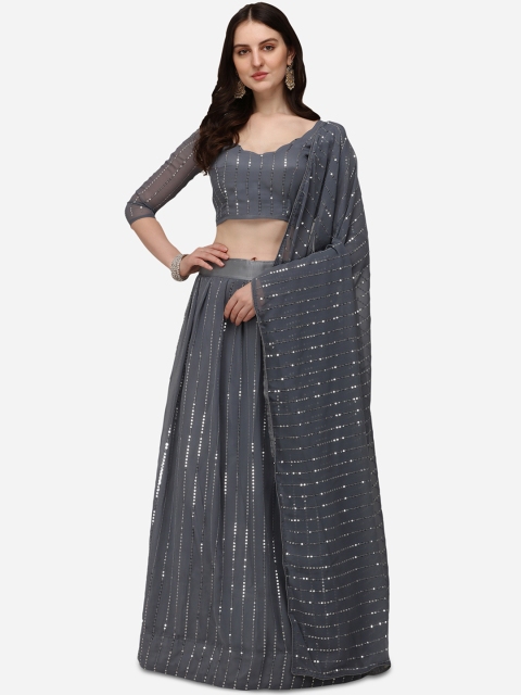 

Pratham Blue Grey Embroidered Sequinned Semi-Stitched Lehenga Choli Set