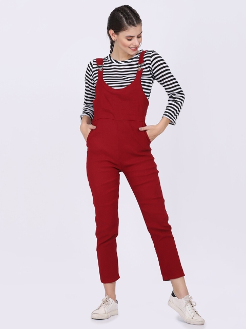 

BUY NEW TREND Women Maroon & Black Striped Dungaree Basic Jumpsuit