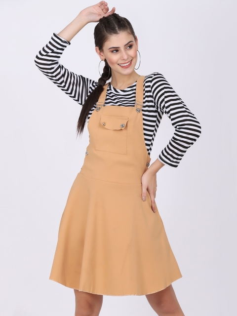 

BUY NEW TREND Women Beige Solid Cotton Dungarees