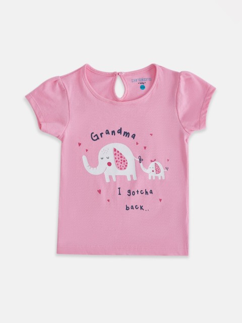

Pantaloons Baby Girls Pink & White Printed Puff Sleeves Cotton T-shirt