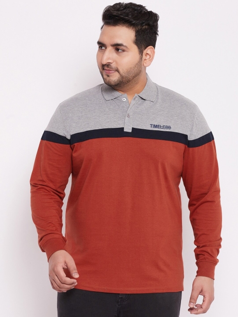 

WILD WEST Plus Size Men Red & Grey Colourblocked Polo Collar T-shirt