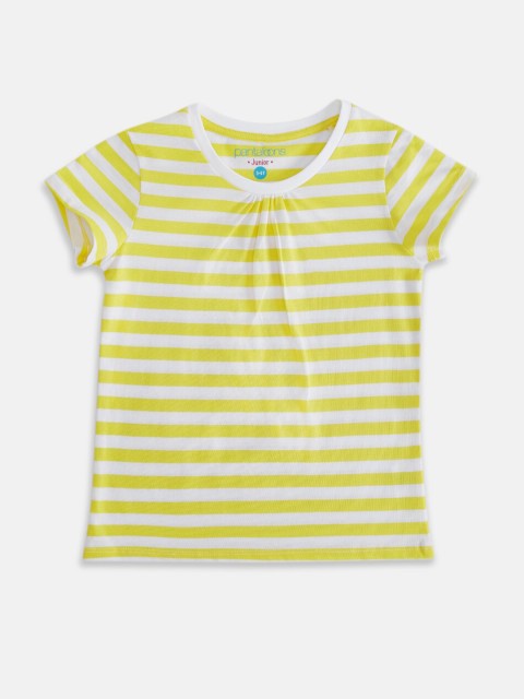 

Pantaloons Junior Girls Yellow Striped Cotton T-shirt