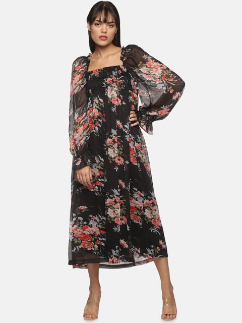 

ISU Women Black Floral Chiffon A-Line Midi Dress
