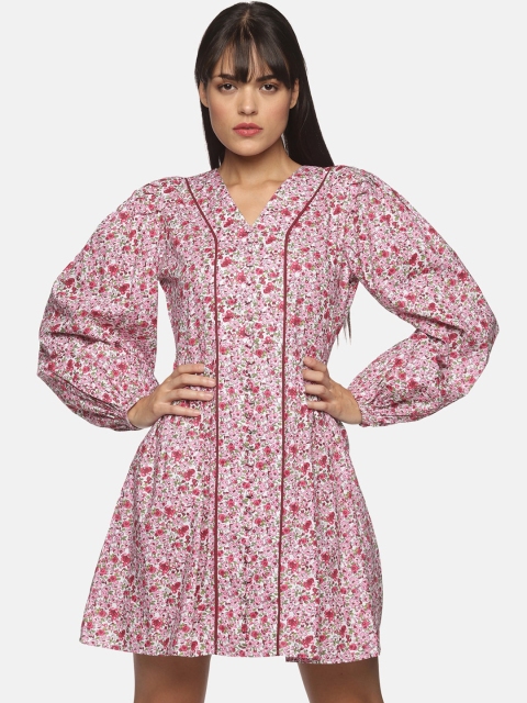 

ISU Pink Floral Chiffon Balloon Sleeve A-Line Dress
