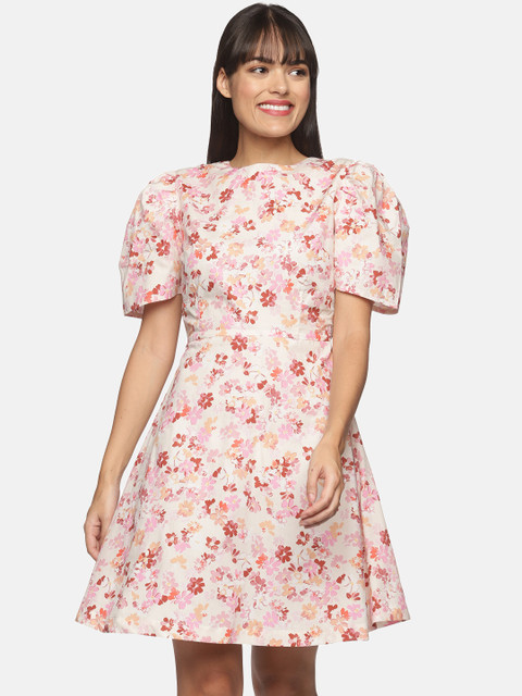 

ISU Beige & Pink Floral Cotton Chiffon Dress