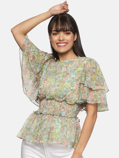 

ISU Green Floral Print Chiffon Cinched Waist Top