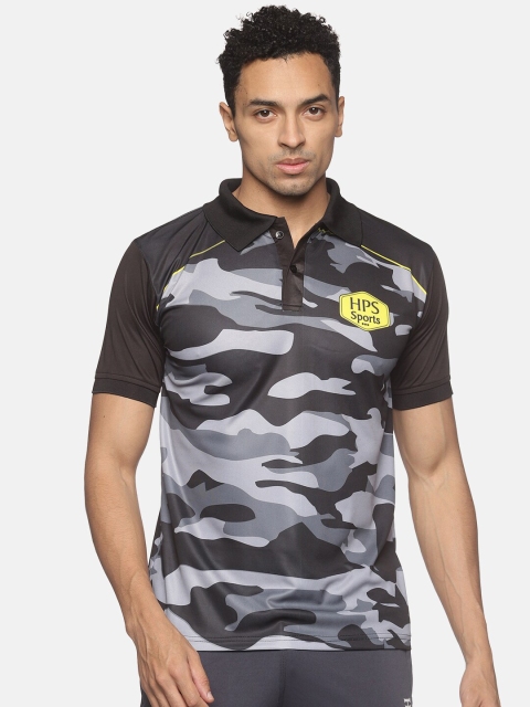 

HPS Sports Men Black Camouflage Printed Polo Collar Running T-shirt
