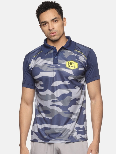

HPS Sports Men Navy Blue & Grey Camouflage Printed Polo Collar T-shirt